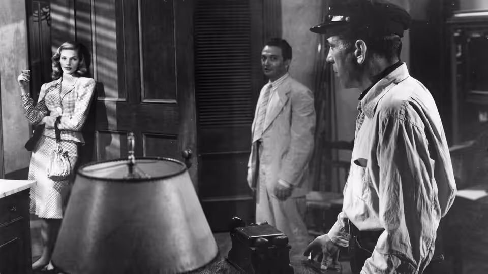 Marie Browning (Lauren Bacall) stands across a hotel room from Harry Morgan (Humphrey Bogart)
