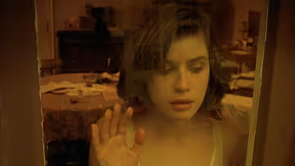 Véronique pressing hand to glass while looking through window