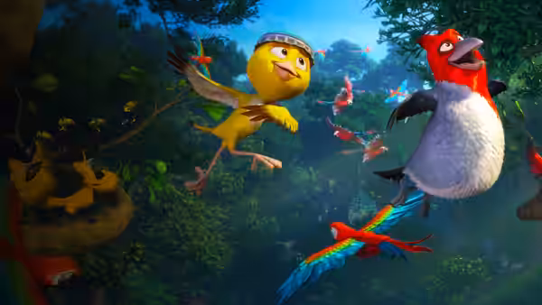 A yellow bird and a red bird fly through a lush jungle with others
