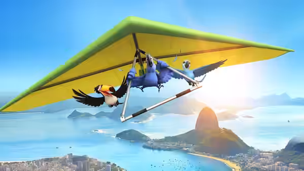 A blue macaw and a toucan hang glide over Rio's coastline and mountains
