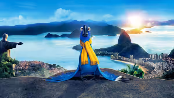 A blue macaw wearing a yellow scarf overlooks Rio at sunset
