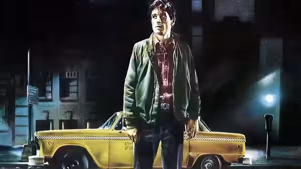 Travis Bickle (Robert De Niro) standing beside a yellow taxi at night