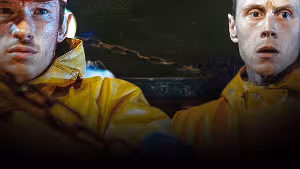 Two men in yellow raincoats look ahead with wide eyes in dim light
