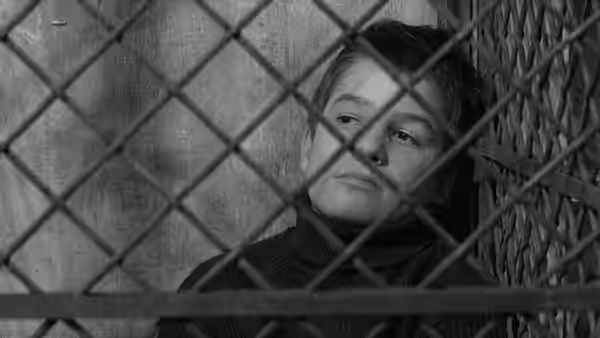 Antoine Doinel (Jean-Pierre Léaud) peering through a wire fence