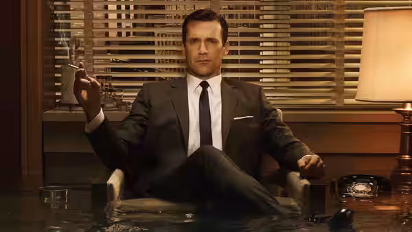 Don Draper (Jon Hamm) reclines in a submerged office chair while smoking a cigarette