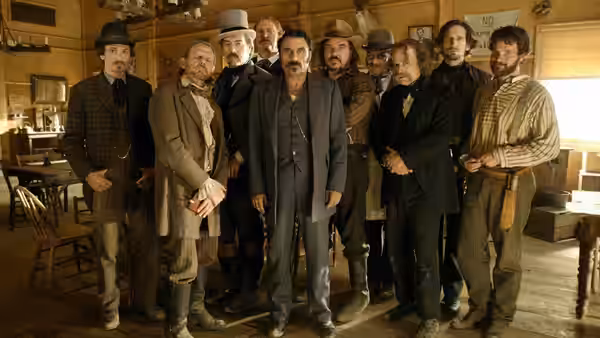 Seth Bullock (Timothy Olyphant) stands with a group of men in a saloon