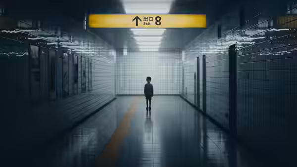 A lone figure stands in the middle of an empty tiled subway corridor under an exit sign