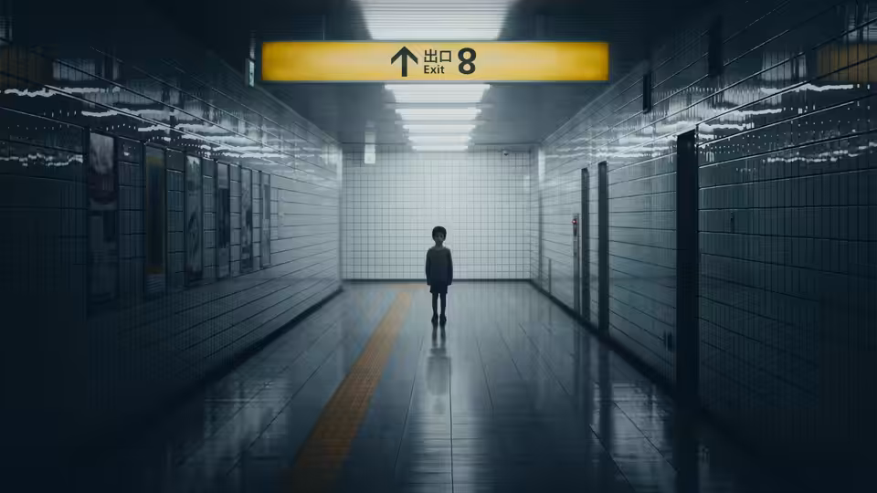A lone figure stands in the middle of an empty tiled subway corridor under an exit sign