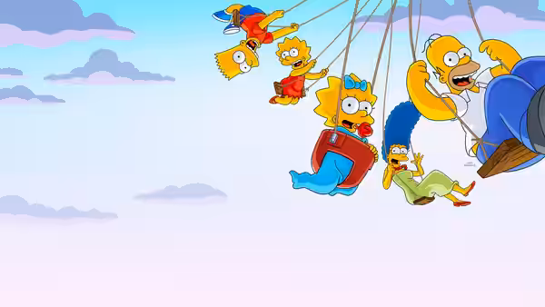 Homer Simpson, Marge Simpson and children swinging through the sky on ropes