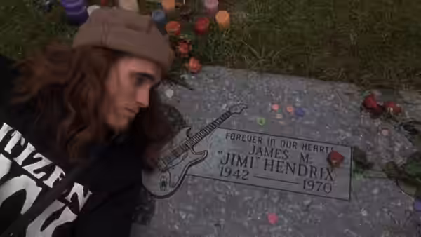 Cliff Poncier (Matt Dillon) lying beside the Jimi Hendrix grave marker