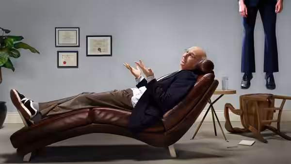 Larry David (Larry David) gesturing from a therapy couch toward floating legs