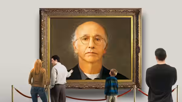museum visitors viewing a large framed portrait of an older man