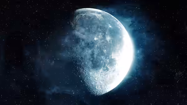 The Moon viewed from space surrounded by stars and nebula