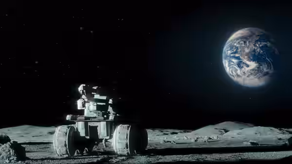 A lunar rover parked on the surface with Earth in the sky