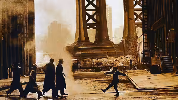 Men in coats and hats walking on a street under a large bridge, one gesturing