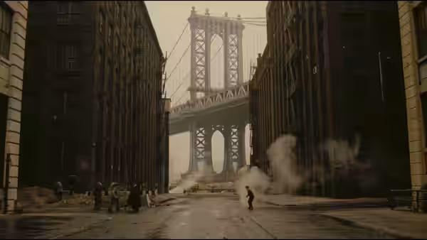 A man walking alone down a wide city street toward the Manhattan Bridge