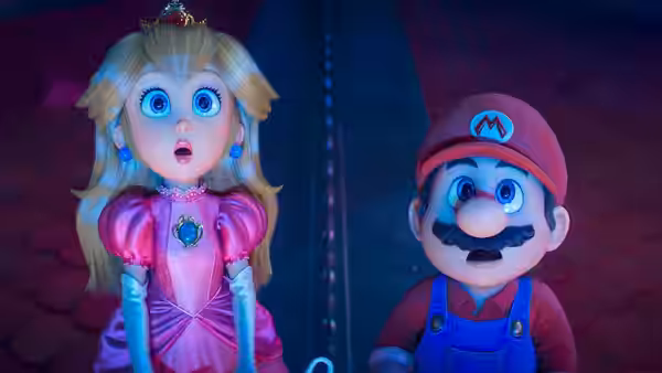 Princess Peach (Anya Taylor-Joy) and Mario (Chris Pratt) standing with surprised faces