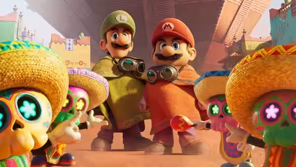 Mario (Chris Pratt) and Luigi (Charlie Day) among costumed characters in daylight
