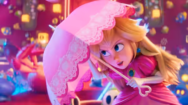 Princess Peach (Anya Taylor-Joy) crouching with a pink parasol in a bright room