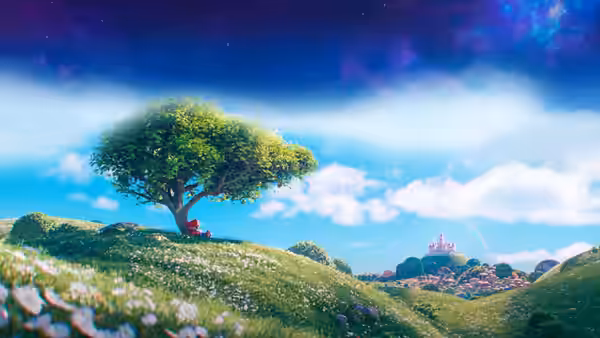 a lone figure resting under a tree on a grassy hill under stars