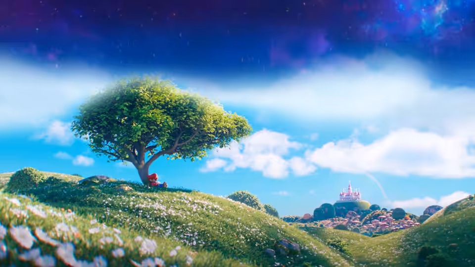 a lone figure resting under a tree on a grassy hill under stars