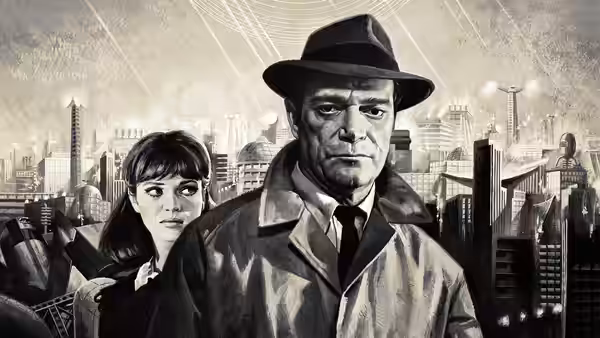 Lemmy Caution (Eddie Constantine) stands before a futuristic city, with Natacha von Braun (Anna Karina) behind him