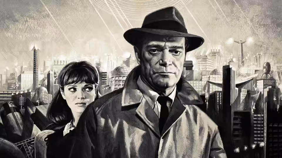 Lemmy Caution (Eddie Constantine) stands before a futuristic city, with Natacha von Braun (Anna Karina) behind him