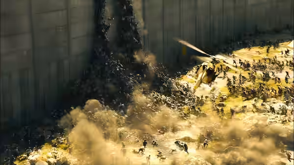 A swarm of people pours through a breach in a towering concrete wall