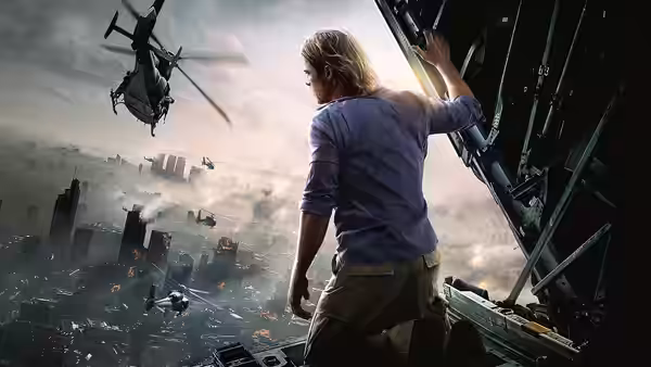 Gerry Lane (Brad Pitt) looks over a flooded city as helicopters fly above the water
