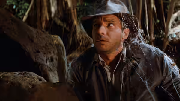 Indiana Jones (Harrison Ford) covered in spiders looking upward in jungle cave
