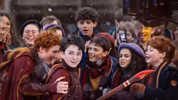 Harry Potter and Ron Weasley stand among cheering students in Hogwarts robes