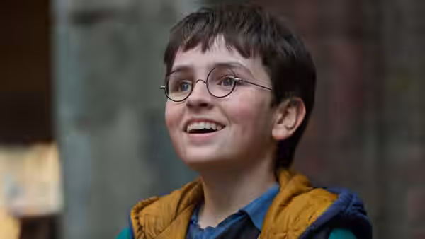 Harry Potter smiles brightly, wearing round glasses and a mustard-lined jacket