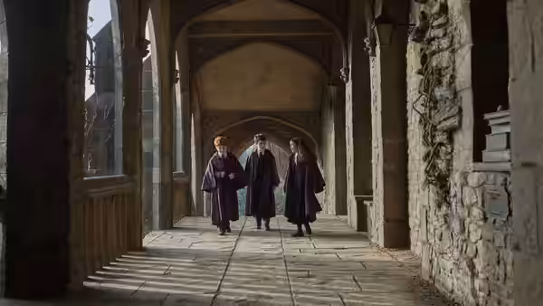 Three students in Hogwarts robes walk through a stone archway