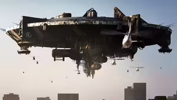 An enormous alien mothership hovering above a city with smaller craft nearby