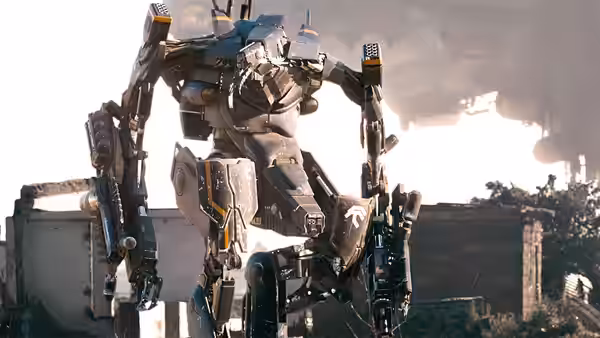 A large robotic alien exosuit standing amid ruined buildings under bright sky