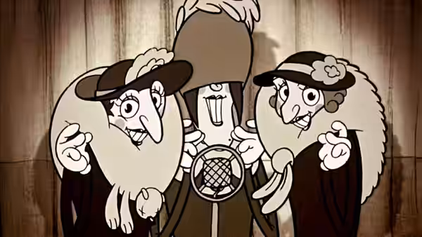 Three elderly women examining a small birdcage with wide eyes
