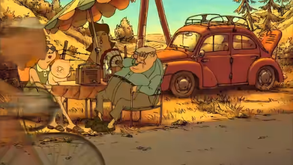 People seated at a table beside a red car outdoors