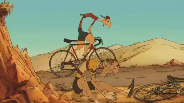 Two cyclists collapsed beside their bicycles in rocky terrain