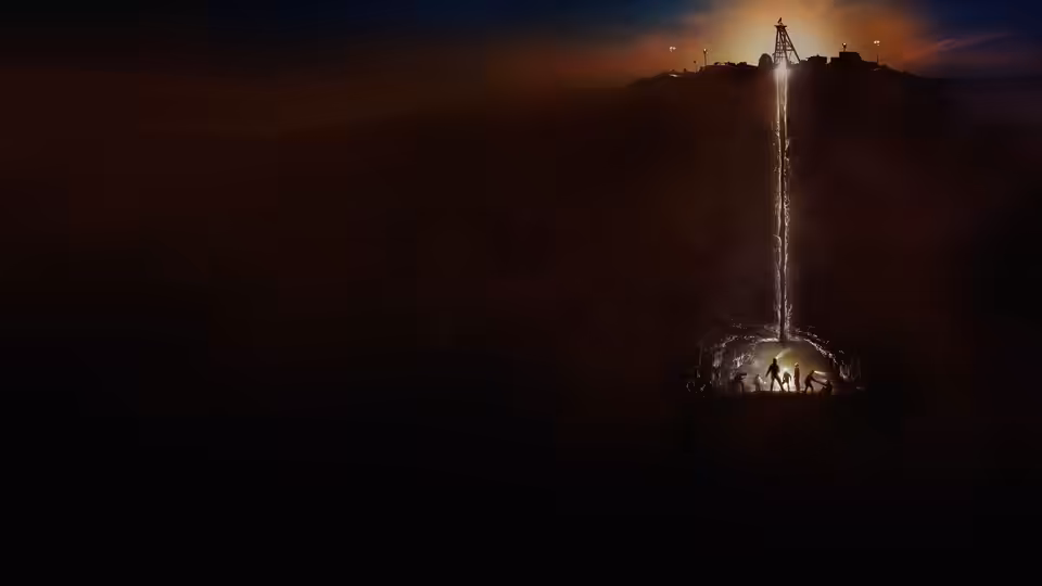 A rescue capsule descends a narrow shaft toward workers waiting underground