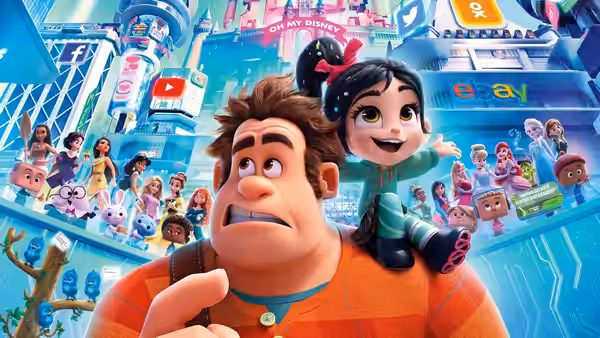 Ralph (John C. Reilly) looking concerned with Vanellope (Sarah Silverman) on his back