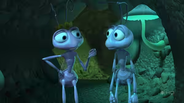 Princess Atta talks with another ant inside a dim, mushroom-lit cavern