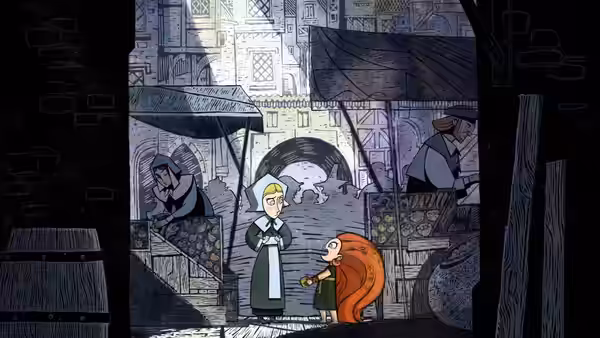 Robyn and Mebh meet in a crowded town market between wooden stalls