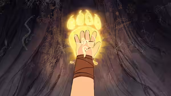 A wrapped hand reaches toward a glowing golden symbol in a dark wood