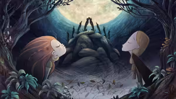 Mebh and Robyn face a wolf perched on rocks beneath the moon