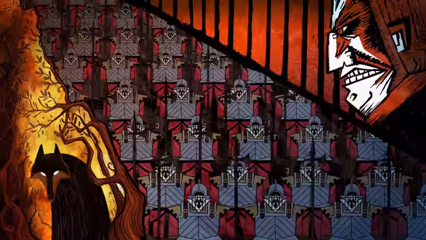 A stern ruler surveys rows of soldiers gathered inside a fortress