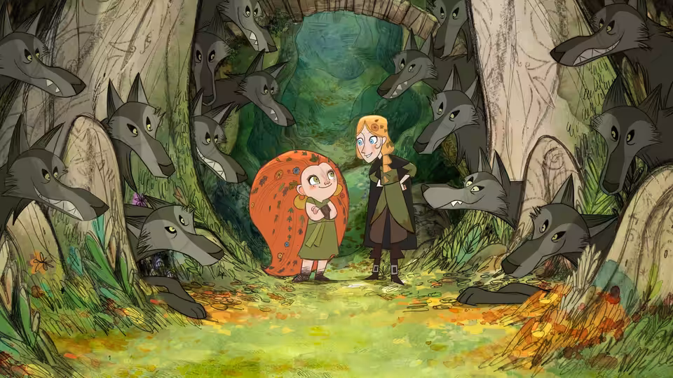 Mebh and Robyn stand among a watching pack of wolves in the forest