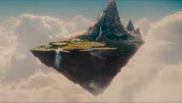 a lush floating island with waterfalls hovering above the clouds