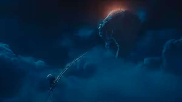 a small figure climbing a long ladder toward a floating rocky island