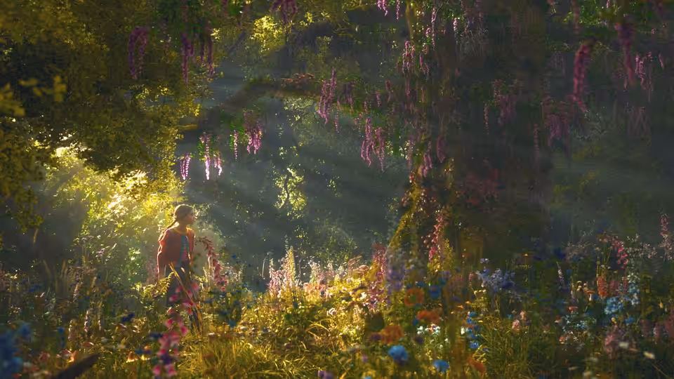 a figure in a red jacket standing in a sunlit forest clearing