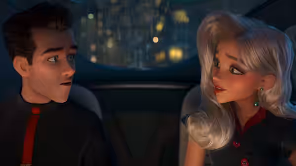 Raymond Gunn (Sam Rockwell) and Venus Nova (Scarlett Johansson) look at each other inside a vehicle